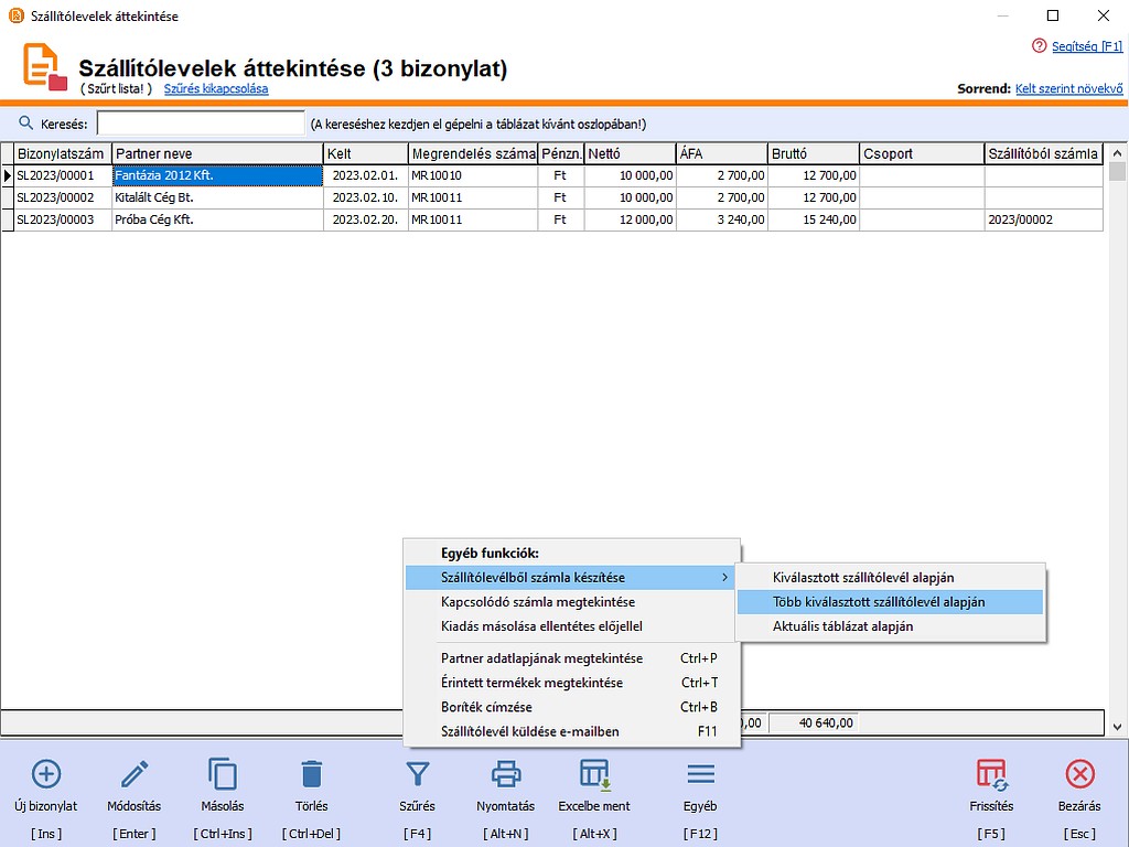 Teljes kr szlltlevl funkci