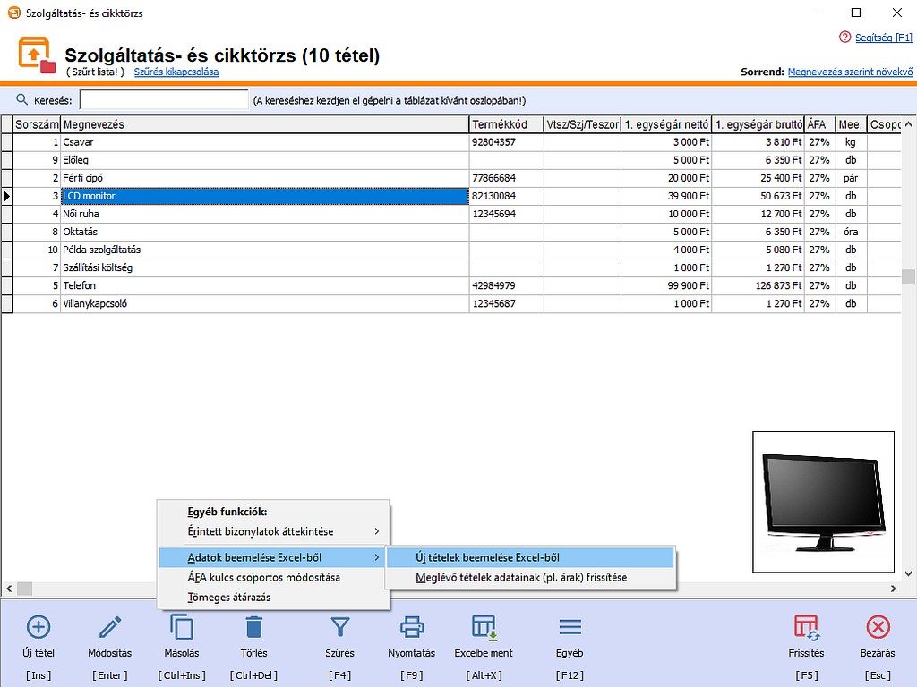 Szolgltats- s cikktrzs