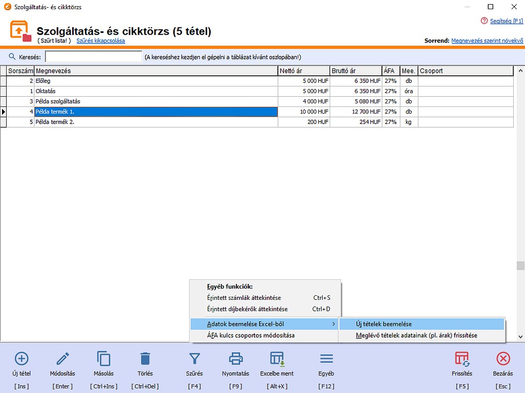 Szolgltats- s cikktrzs